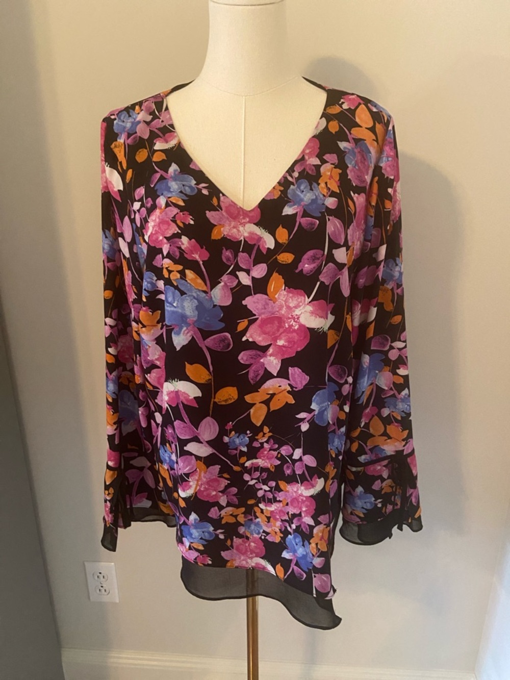 Floral V-Neck Tunic Top in Black with Pink, Blue & Orange Blooms